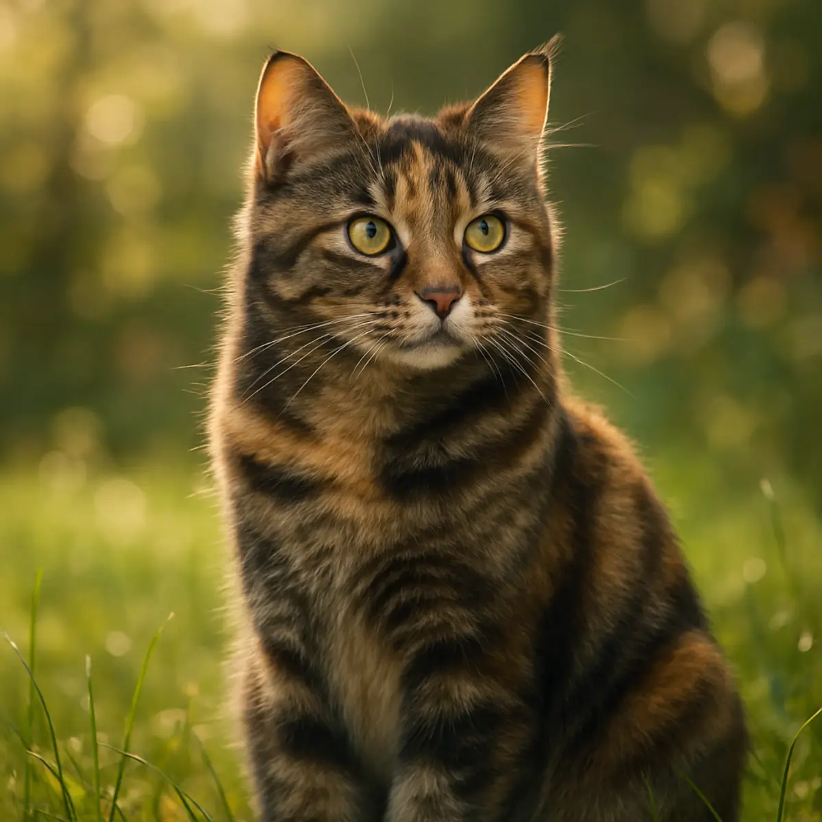 majestic_torbie_cat_sitting_in_a_sunlit_garden_w_0 Torbie cat sitting in a synlit
